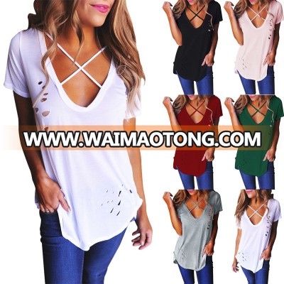 Ebay Amazon new style V-neck burnt solid color cotton summer women blouse short sleeve shirt for ladies plus size shirts blouses