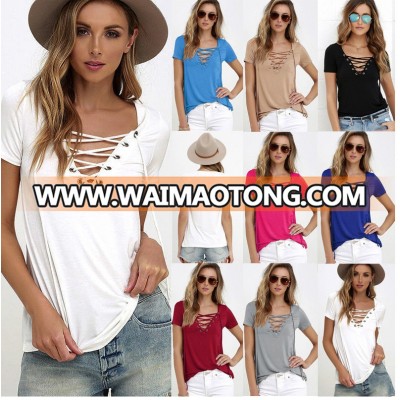 High quality Ebay Amazon Hot 2017 summer new Sheer Sexy Blouses Women Tops shirts Ladies V neck solid color T shirt Plus size