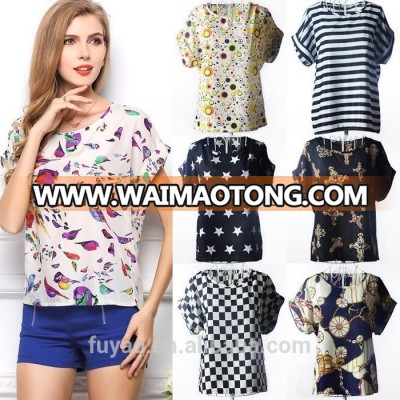 2017 NEW Fashion Short Sleeve Summer Chiffon women Blouses Casual dot star bird animal Printed Tops shirts ladies C