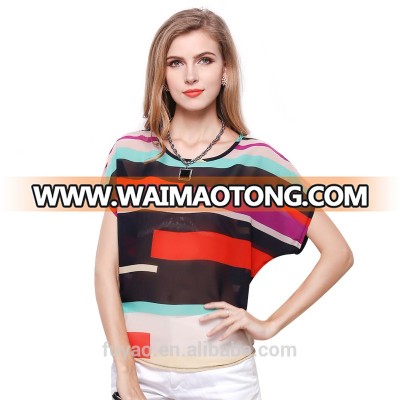 Fashion 2017 new summer women blouses Big plus size shirts rainbow stripes top loose colorful ladies chiffon Blouse