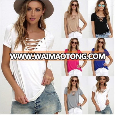 Ebay Amazon Hot sell 2017 summer new Sexy Sheer Blouses Women Tops shirts Ladies V neck solid color wholesale T shirt Plus size