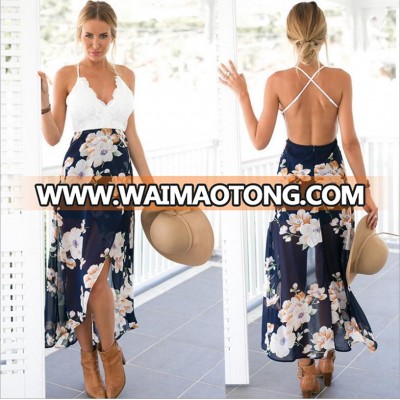 2018 DJ2171 New Casual Lace Backless Summer Chiffon floral print Sexy Long vestidos Maxi Dresses women beach Dress