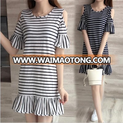 FY 2017 women off-shoulder joint flare sleeve flounced ruffle stripe dress clothes women ladies summer casual long shirt dress