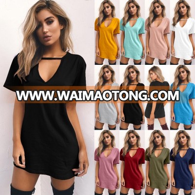 Ebay Amazon new sexy V-neck burnt solid color cotton summer women blouse short sleeve dress shirt plus size shirts blouses