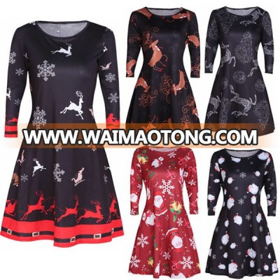 Ebay Amazon wish snow animal deer print floral dress women dresses plus size winter 2019 spring long sleeve Christmas dresses