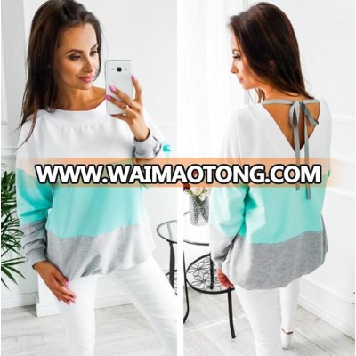 Amazon ebay Europe US 2019 Spring new casual contrast color patchwork sweater women blouse and shirt blouses tops